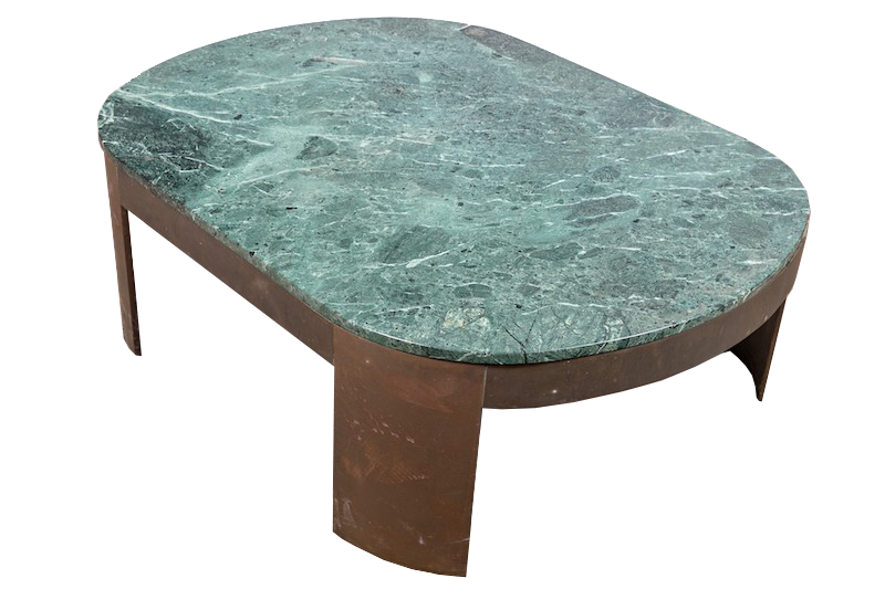 an mid-century modern green marble top and bronze cocktail table